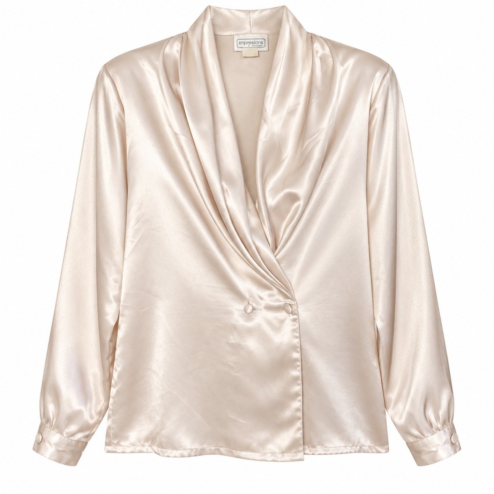 Vintage 80s Impressions California Ivory Satin Blouse Draped Cowl Neck Romantic